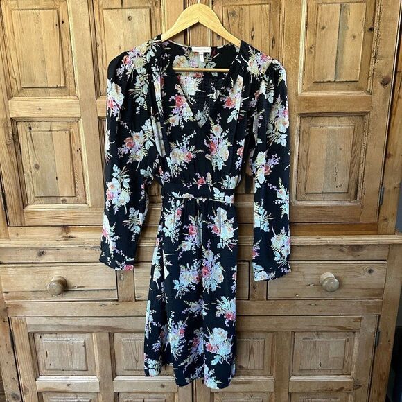 Rebecca Taylor 6 Black Silk Belted Dress‎ Floral V-Neck Knee Length - Picture 1 of 12